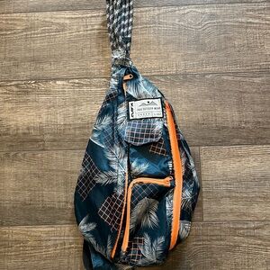 KAVU Teal Palm Print Crossbody Sling Bag with Orange Accents